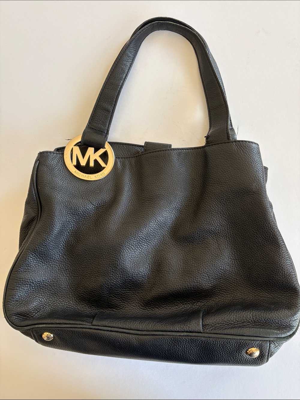 Michael Kors Black Pebbled Leather Tote with Gold MK Logo Charm